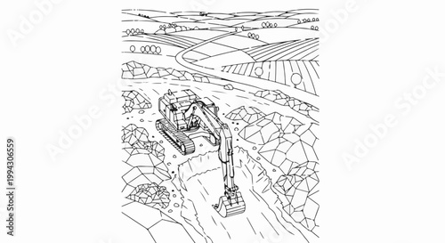 Excavator digging in rocky terrain with rolling hills and fields in background