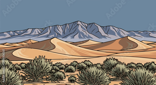 Stylized desert scene with sand dunes, arid brush, and distant mountains