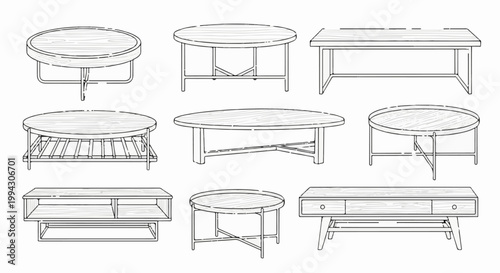 Nine different style coffee tables depicted with line art and wood grain texture