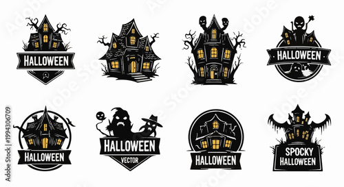 Spooky haunted houses with glowing windows and Halloween text