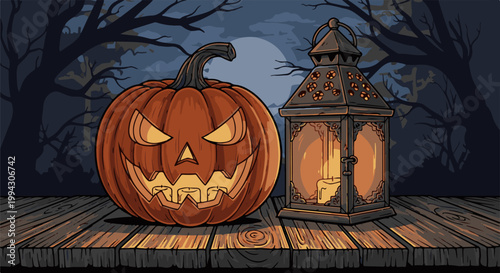 Spooky jack-o-lantern and glowing lantern on wooden planks under moonlit trees