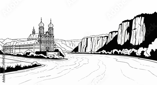 Ornate monastery beside a winding river and steep cliffs