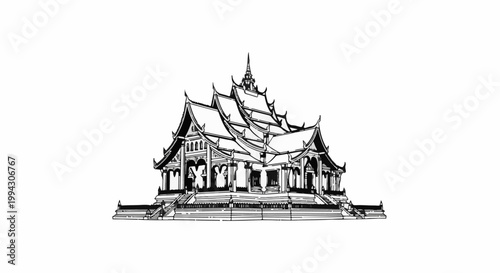 Ornate multi-tiered roofed structure with intricate detailing, rendered in black and white
