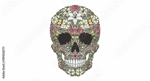 Skull adorned with an intricate floral design of roses and lilies