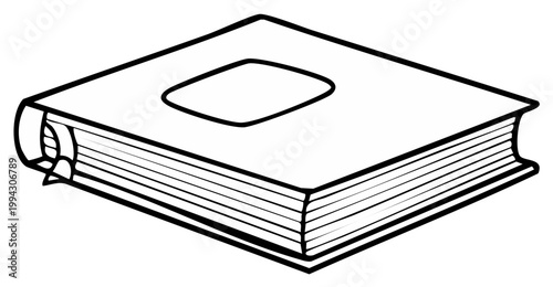 Black and white illustration of a closed book with a bookmark, isometric view