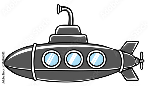 Cartoon submarine with periscope and propeller ready for underwater exploration