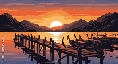 Pixel art sunset over a tranquil bay with a wooden pier and boats