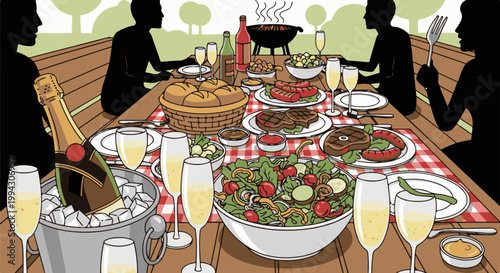 Silhouetted people enjoy a vibrant outdoor barbecue with steaks, salad, and bubbly
