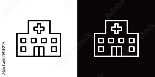 病院の建物のラインアイコン。白い線と黒い線のモノクロベクターイラストセット