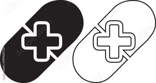Medical pill capsule with plus healthcare icon