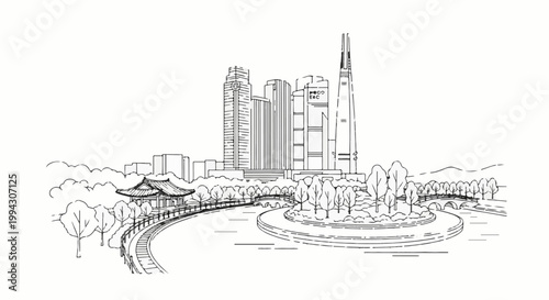 Sketch of a cityscape with a traditional pavilion by a winding river