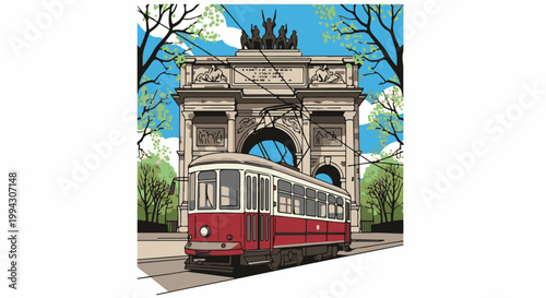 Red tram passes by grand archway adorned with sculptures