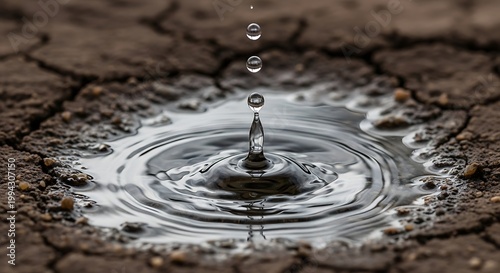 Close up of water drops falling into cracked dry earth creating ripples hydration moisture abstract environment desiccation