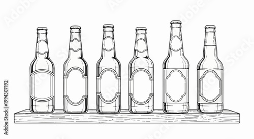 Six clear glass bottles with blank labels lined up on a wooden shelf