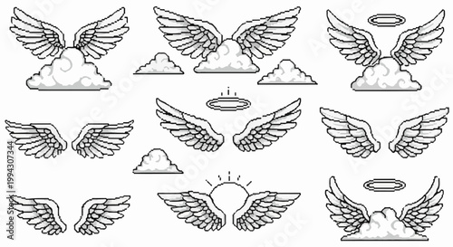 Pixel art collection of various feathered wings and clouds
