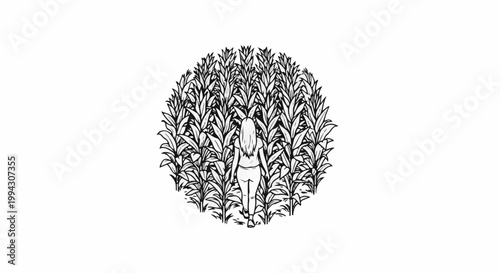 Person walking into a circular field of tall plants