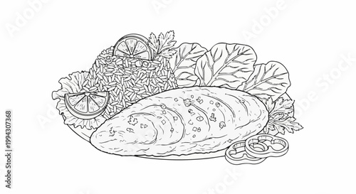 Outline of a delicious meal featuring a whole fish, rice, lemon slices, and greens
