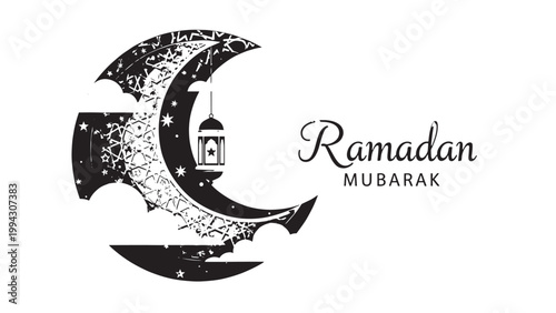 Ramadan Mubarak Greeting with Crescent Moon and Lantern Illustration.