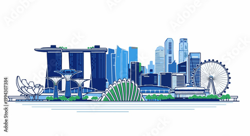 Stylized blue and green cityscape illustration with modern architecture