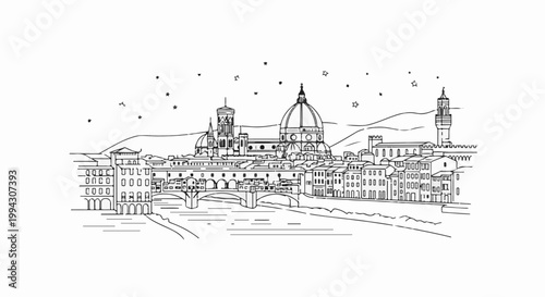 Stylized black ink sketch of a European city skyline with a domed cathedral