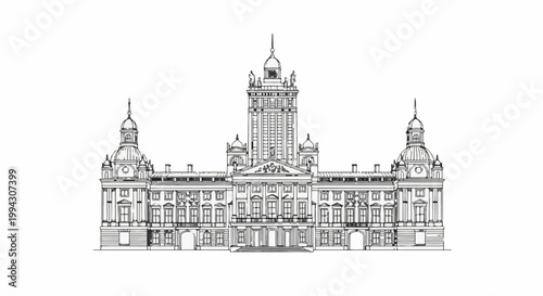 Ornate, symmetrical historic building with central tower and domed wings