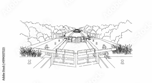Perspective drawing of a canal lock with surrounding vegetation and buildings