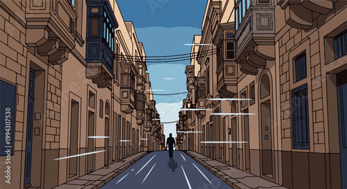 Pixelated street scene with ornate buildings and lone figure walking