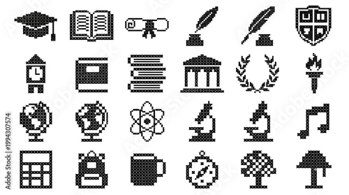 Collection of Pixel Art Icons Representing Education and Learning, Featuring Symbols of Knowledge and Academia