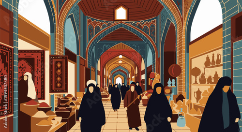 People shop in a colorful, arched marketplace with carpets and pottery on display