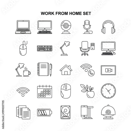 Work From Home Icon Collection Depicting Remote Office Tools, Technology and Productivity Essentials