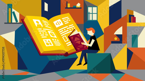 Man reading a large book outdoors.