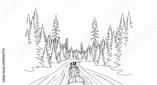 Horse-drawn sled travels through a snowy forest with pine trees