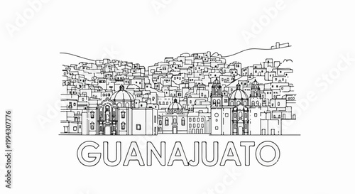 Monochromatic line drawing of a densely packed hillside city with domed buildings