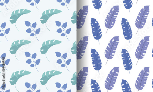Two adjacent seamless botanical patterns, one with teal and blue monstera-style leaves on pastel background, the other with elongated blue-purple vein leaves on white, decorative design for textiles
