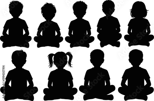 Collection of diverse child silhouettes sitting crosslegged isolated on a white background for educational or artistic use