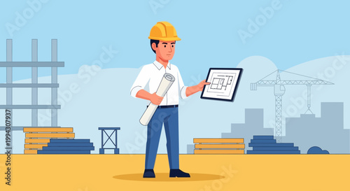 Construction Engineer Holding Blueprint at Building Site