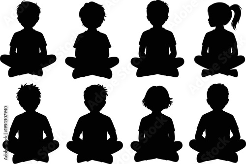 Collection of Diverse Children Silhouettes Meditating Crosslegged in Calm and Peaceful Poses