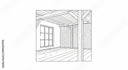 Interior view of a room with wooden floor, brick wall, and window