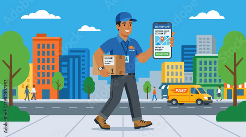 Delivery man with package and smartphone.