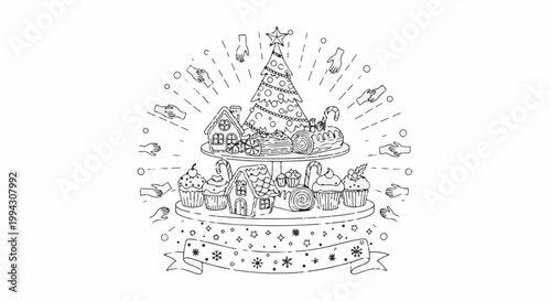 Festive tiered stand overflowing with gingerbread houses, cupcakes, and a Christmas tree