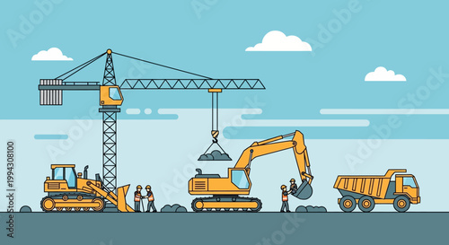Construction Site Illustration with Heavy Machinery and Workers