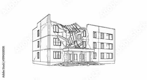 Line art illustration of a damaged, multi-story building with a collapsed roof