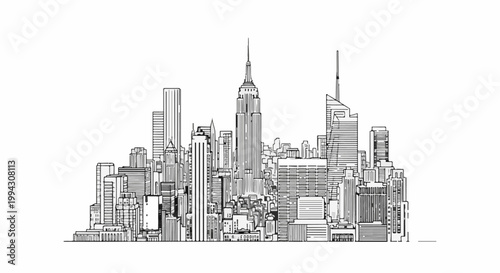 Detailed sketch of a sprawling cityscape with tall buildings and a prominent spire