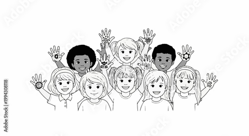 Diverse children with decorated hands wave happily together