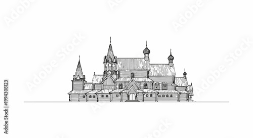 Intricate ink sketch of a traditional wooden church with multiple spires