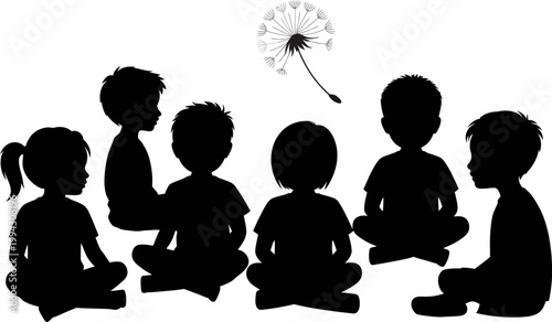 Diverse group of silhouette children sitting on the ground with a dandelion seed head floating nearby