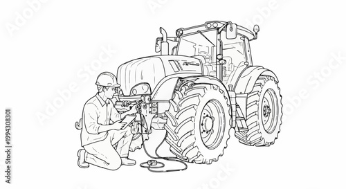 Person in hard hat repairs large agricultural machine with tools