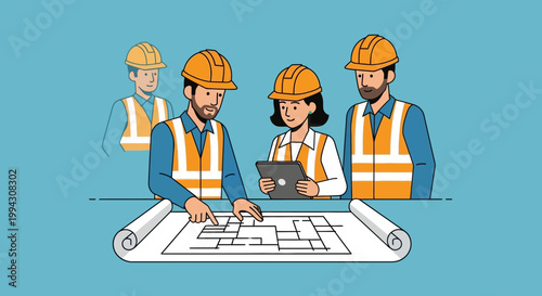 Construction Team Reviewing Architectural Blueprints