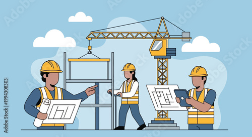 Construction Team Planning Project with Blueprints and Crane
