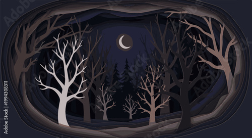 Pixelated, eerie forest scene with bare trees and a crescent moon at night